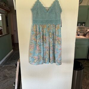Derek Heart Teal Crochet Mini Sundress